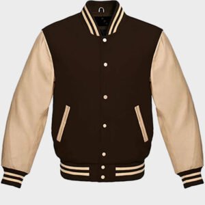 mens brown cream varsity jacket