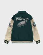 philadelphia eagles collared green and off white varsity jacket