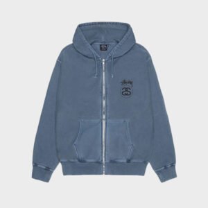 stussy stock link pigment dyed navy zip hoodie