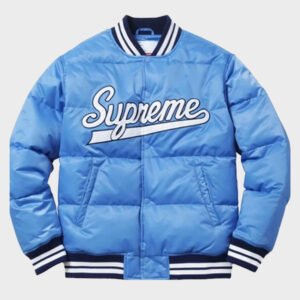 supreme puffy blue varsity jacket