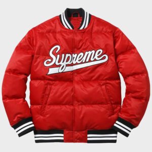 supreme puffy red varsity jacket
