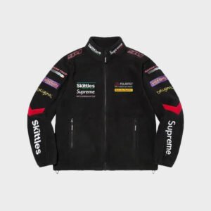 supreme skittles polartec black varsity jacket