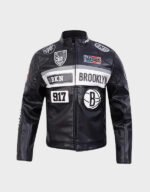 brooklyn nets moto black leather jacket