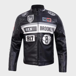 brooklyn nets moto black leather jacket